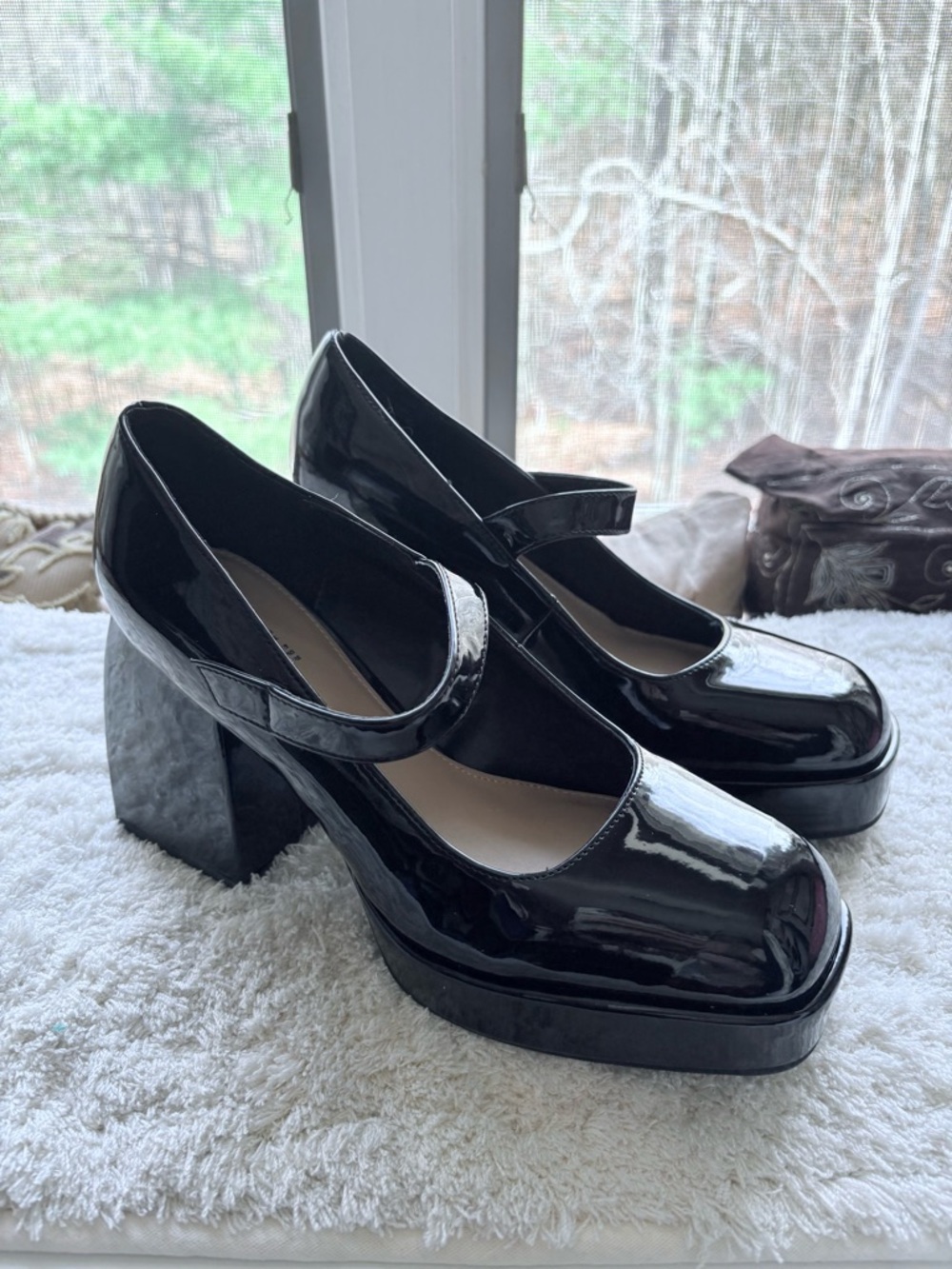 Bar III Black Patent Mary Jane Platform Block Heels